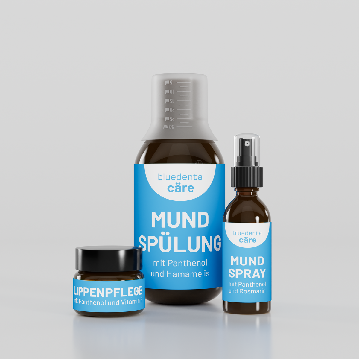 bluedenta cäre Mundspülung, Mundspray und Lippenpflege.