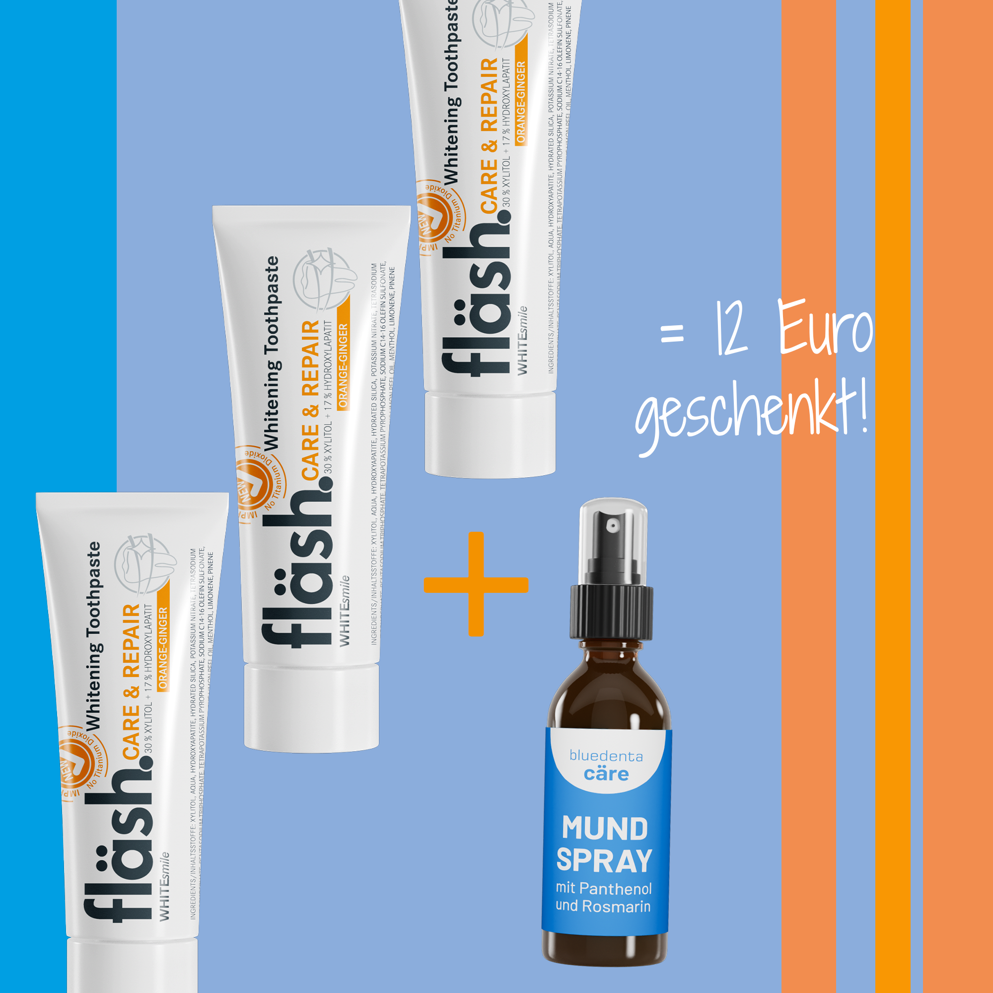 3 Tuben fläsh Zahnpasta der Sorte Orange-Ingwer schweben zusammen mit einem Spender bluedetna cäre Mundspray vor blau-orange gestreiftem Hintergrund.