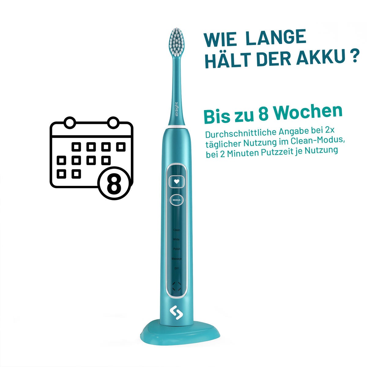Grüne sträight Schallzahnbürste: bis zu acht Wochen Akkulaufzeit bei zweimal täglich zwei Minuten Putzen im Clean-Modus.