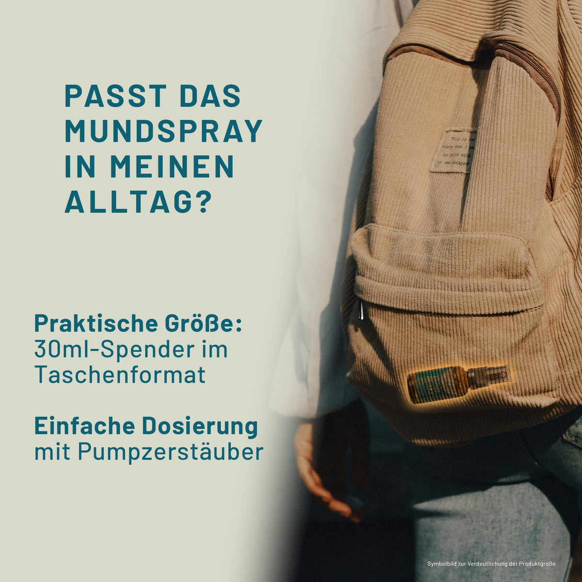 bluedenta cäre Mundspray als Symbolbild in einer Jackentasche. Der 30-ml-Spender im Taschenformat lässt sich mit dem Pumpzerstäuber dosieren.