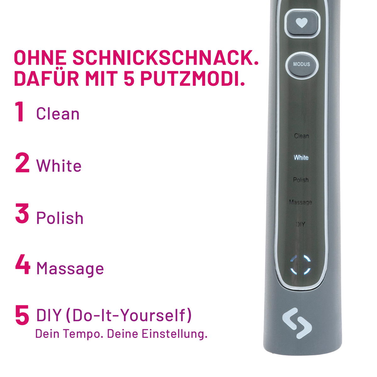 Bedienfeld der grauen sträight Schallzahnbürste mit fünf Putzmodi: Clean, White, Polish, Massage und DIY für ein individuell einstellbares Tempo.