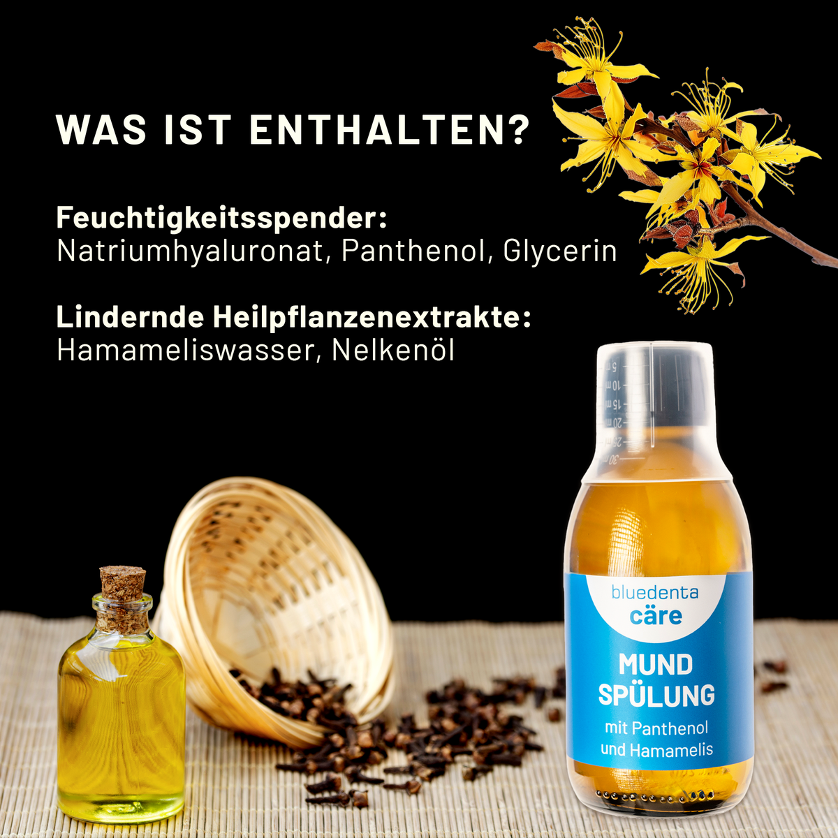 bluedenta cäre Mundspülung neben Hamamelisblüten, Nelken und Öl. Genannte Inhaltsstoffe: Natriumhyaluronat, Panthenol, Glycerin, Hamameliswasser und Nelkenöl.