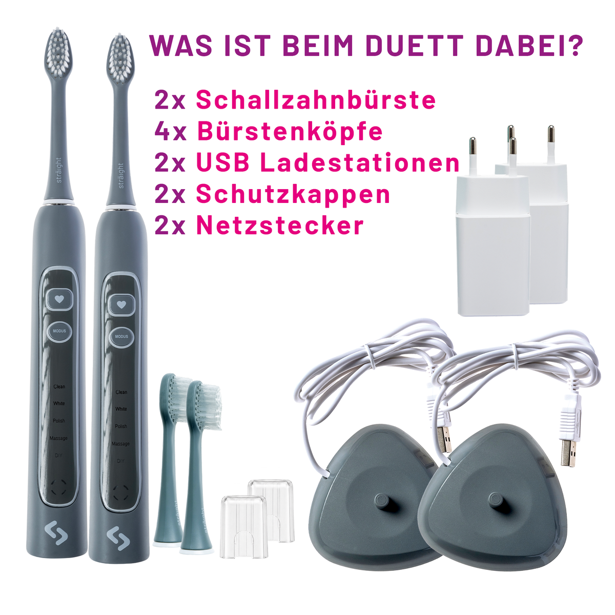 Graues sträight Duett-Set: zwei Handstücke, insgesamt vier Bürstenköpfe, zwei Schutzkappen, zwei USB-Ladestationen und zwei Netzstecker.