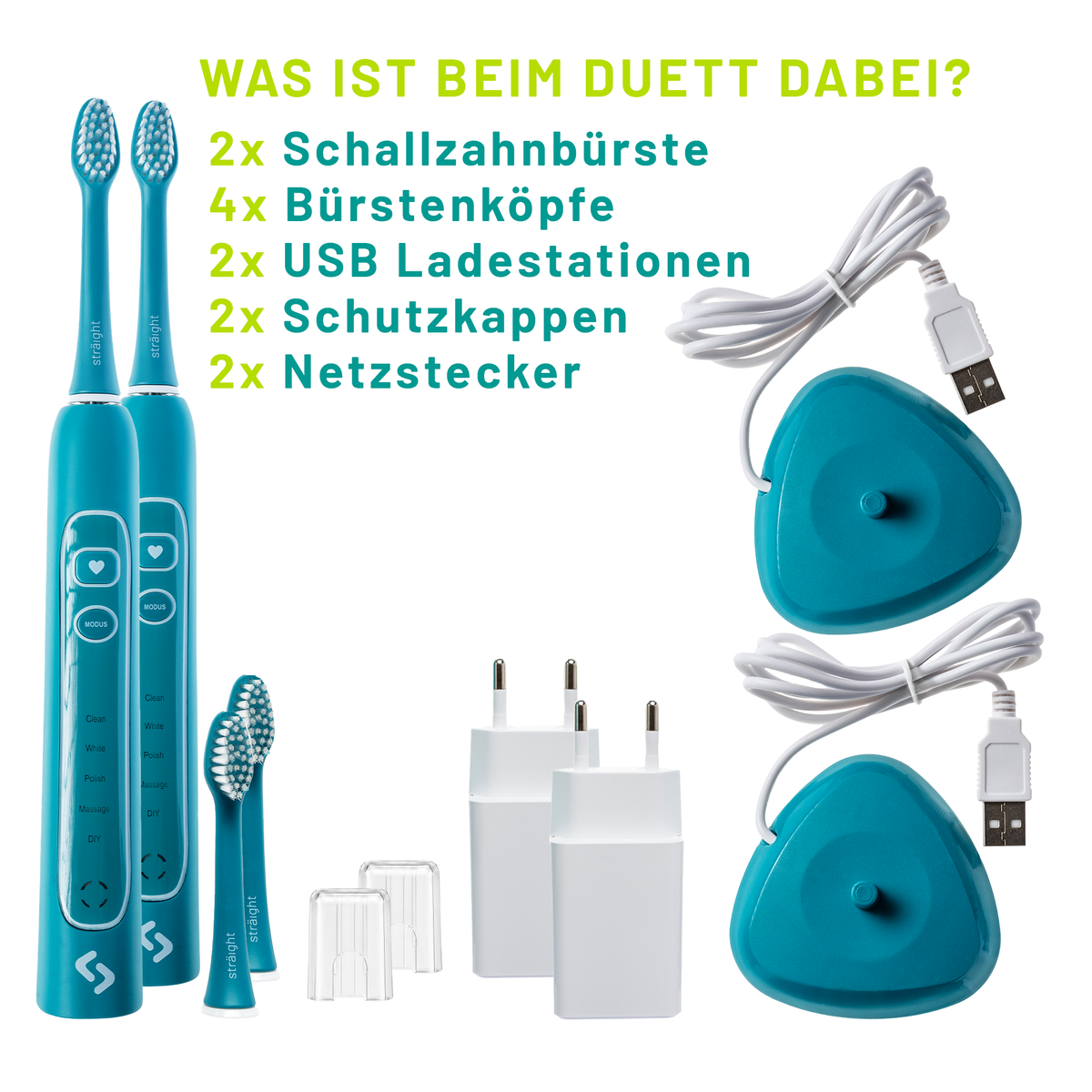 Grünes sträight Duett-Set: zwei Handstücke, insgesamt vier Bürstenköpfe, zwei Schutzkappen, zwei USB-Ladestationen und zwei Netzstecker.