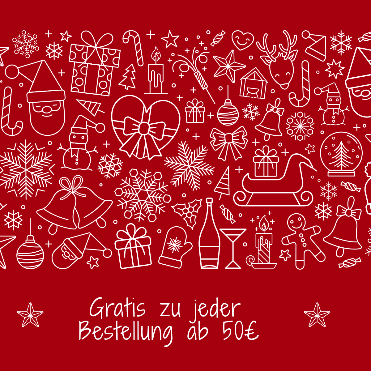 auf rotem HIntergrund tanzen weisse Strichzeichnungen von Weihnachtsmotiven, beispielsweise Schneeflocken, Zuckerstangen, Rentiere, Kekse, Nikoläuse, Schlitten, Fäustlinge..