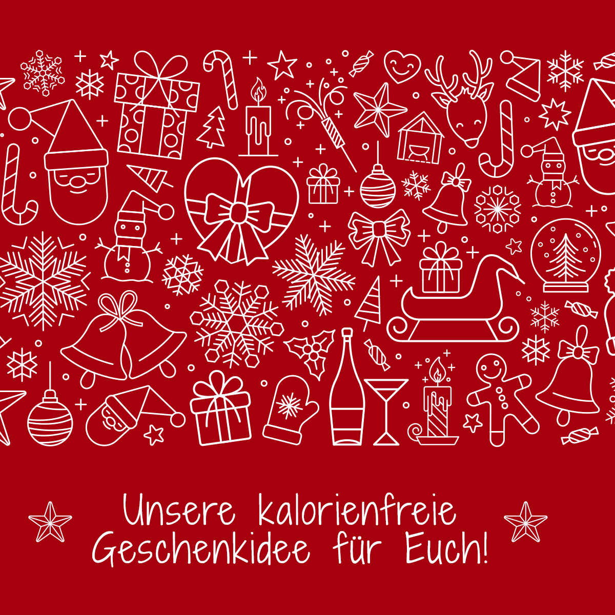 auf rotem HIntergrund tanzen weisse Strichzeichnungen von Weihnachtsmotiven, beispielsweise Schneeflocken, Zuckerstangen, Rentiere, Kekse, Nikoläuse, Schlitten, Fäustlinge..