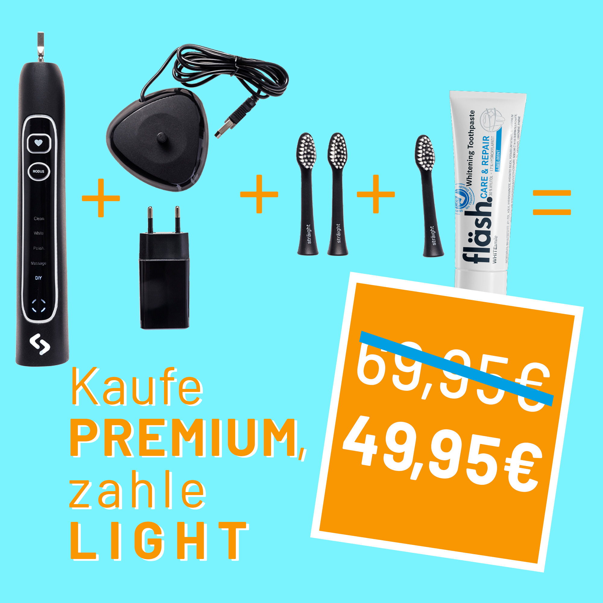 Symbolbild für die SSV Aktion von bluedenta: Kaufe die sträight Schallzahnbürste Premium zum Light Preis von 49,95€. Auf hellblauem Hintergrund sind die einzelnen Artikel aufgereiht, die zur Premium-Version der Zahnbürste gehören., und mit Plus-Zeichen verbunden.