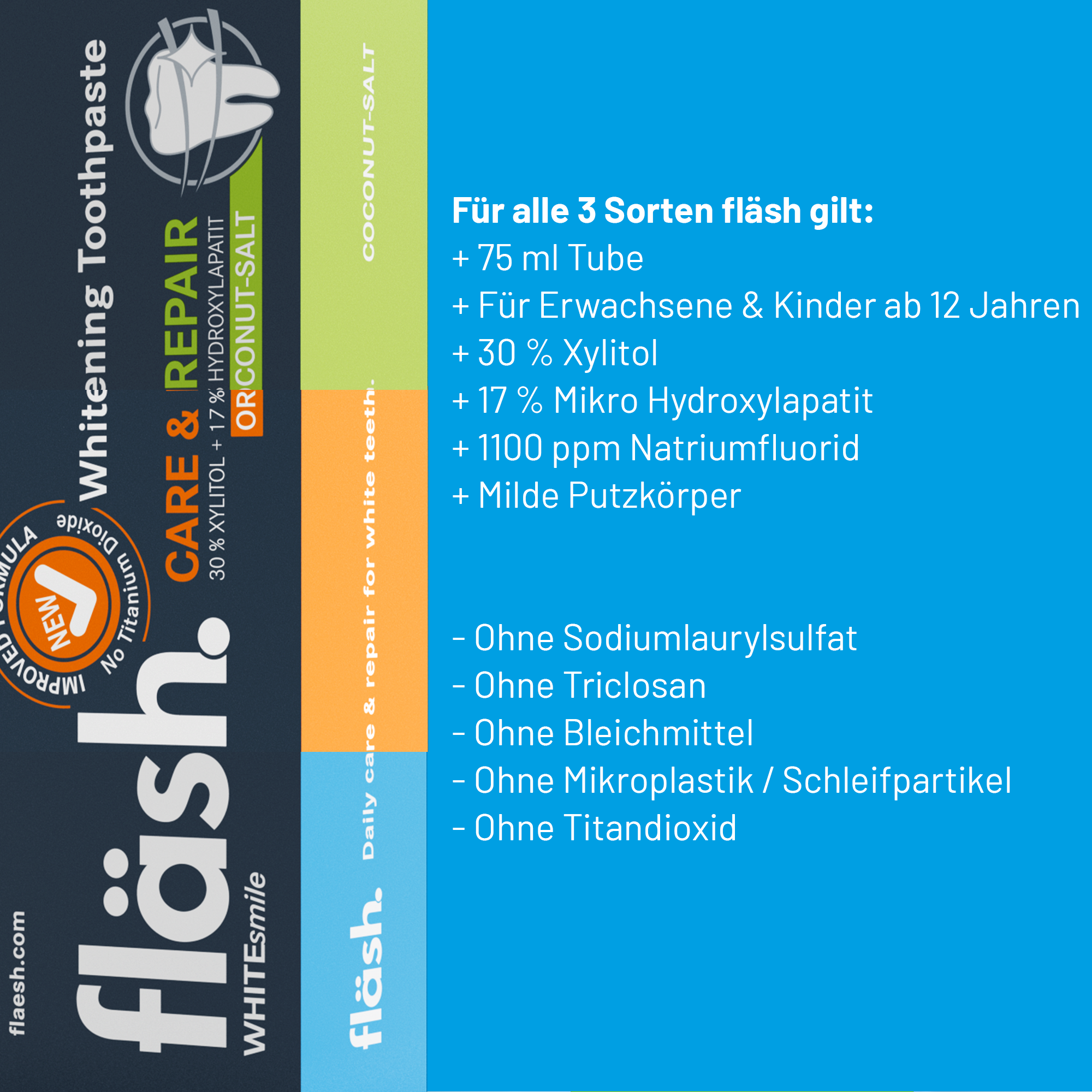 Texttafel: auf blauem Hintergrund sind in weißem Text die wichtigsten Produktinfos zu allen 3 Sorten der fläsh Zahnpasta aufgelistet. Links daneben eine Montage der 3 fläsh Zahnpastaverpackungen.