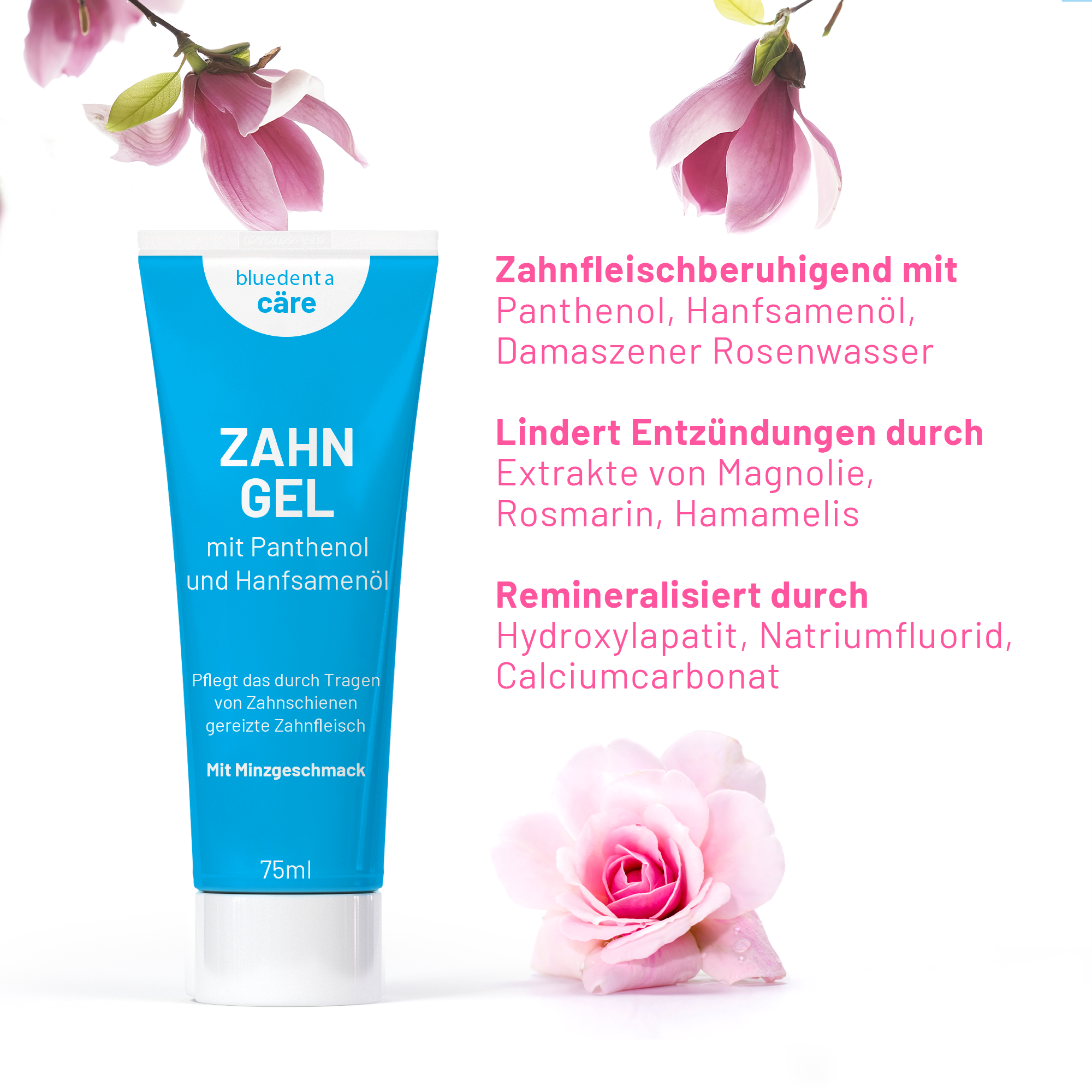 Eine himmelblaue Tube bluedenta cäre Zahngel auf weissem HIntergrund, flankiert von rosa Magnolien- und Rosenblüten. Die Blüten symbolisieren die entsprechenden Extrakte, die im Zahngel enthalten sind. Diese wirken zahnfleischberuhigend und entzündungslindernd. So besagt es der Text, der neben der Tube abgebildet ist.