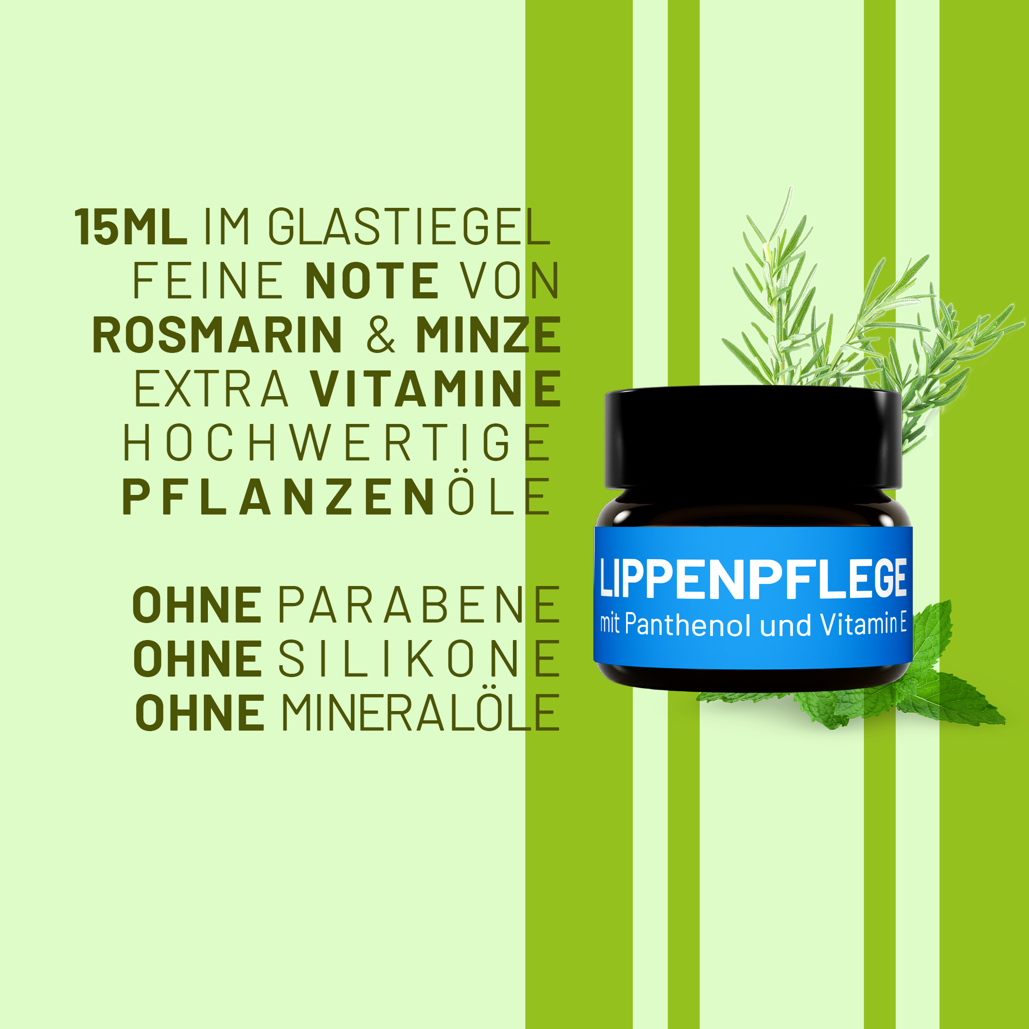 Infotafel mit Schrift: auf grünem Hintergrund ist ein Glastiegel der bluedenta cäre Lippenpflege mit Minzblättchen und Rosmarinzweigen platziert. Daneben in sind Großbuchstaben die wichtigsten Produktinfos aufgelistet.