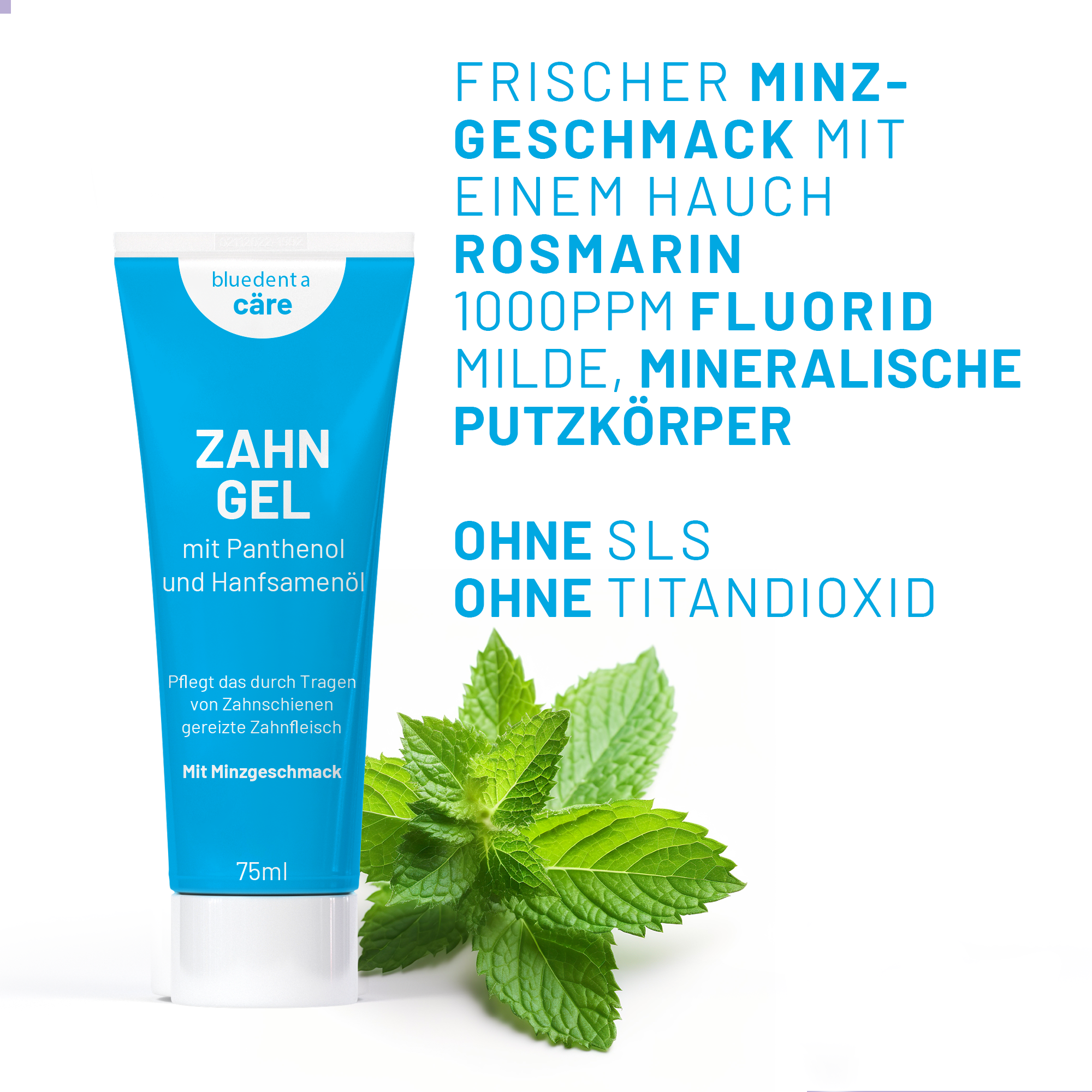 Infotafel mit Schrift: auf weissem Hintergrund ist eine blaue Tube des bluedenta cäre Zahngels mit einem Trieb Krauseminze platziert. Daneben sind in Großbuchstaben die wichtigsten Produktinfos aufgelistet.