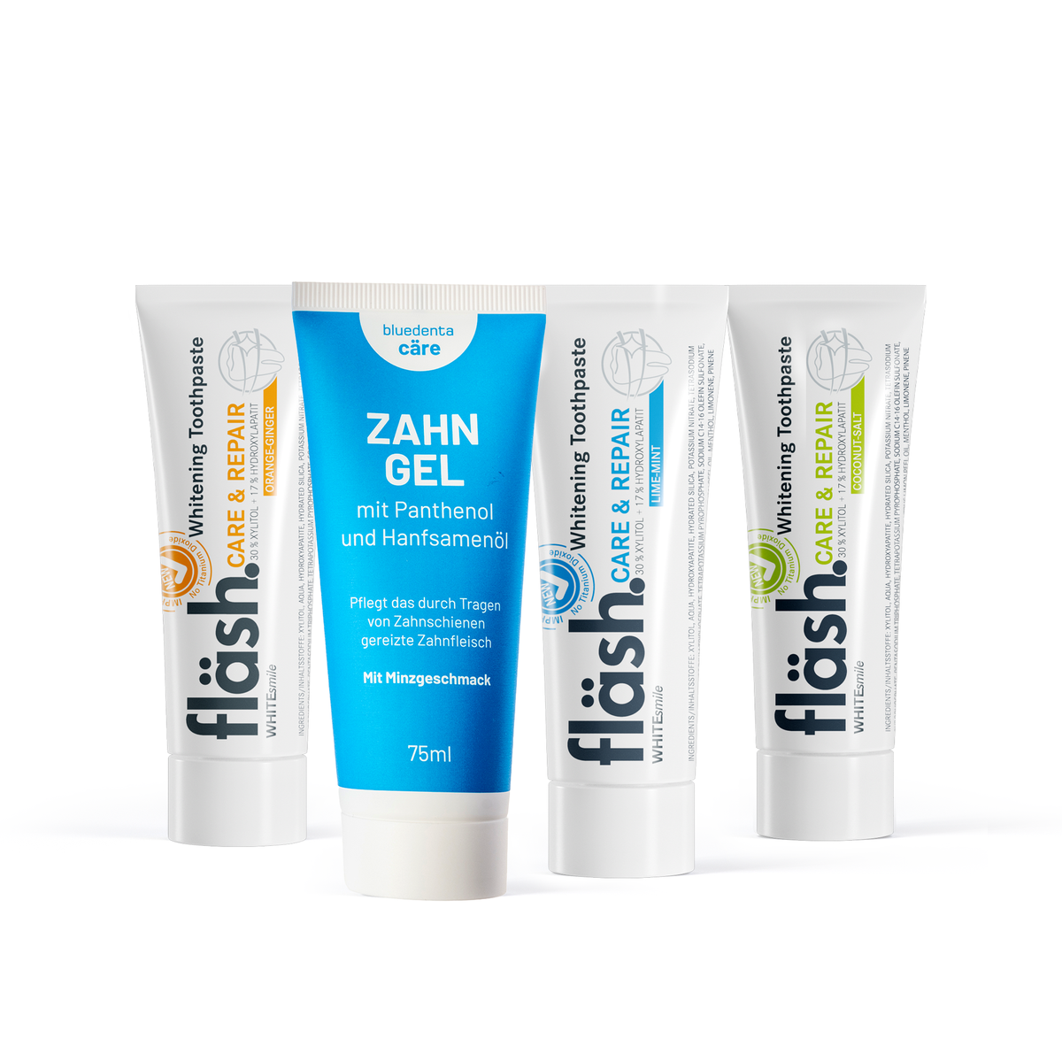 bluedenta Zahnpasta Bundle: je eine Tube fläsh in Orange-Ingwer, Limette-Minze und Kokos-Salz sowie eine Tube bluedenta cäre Zahngel.