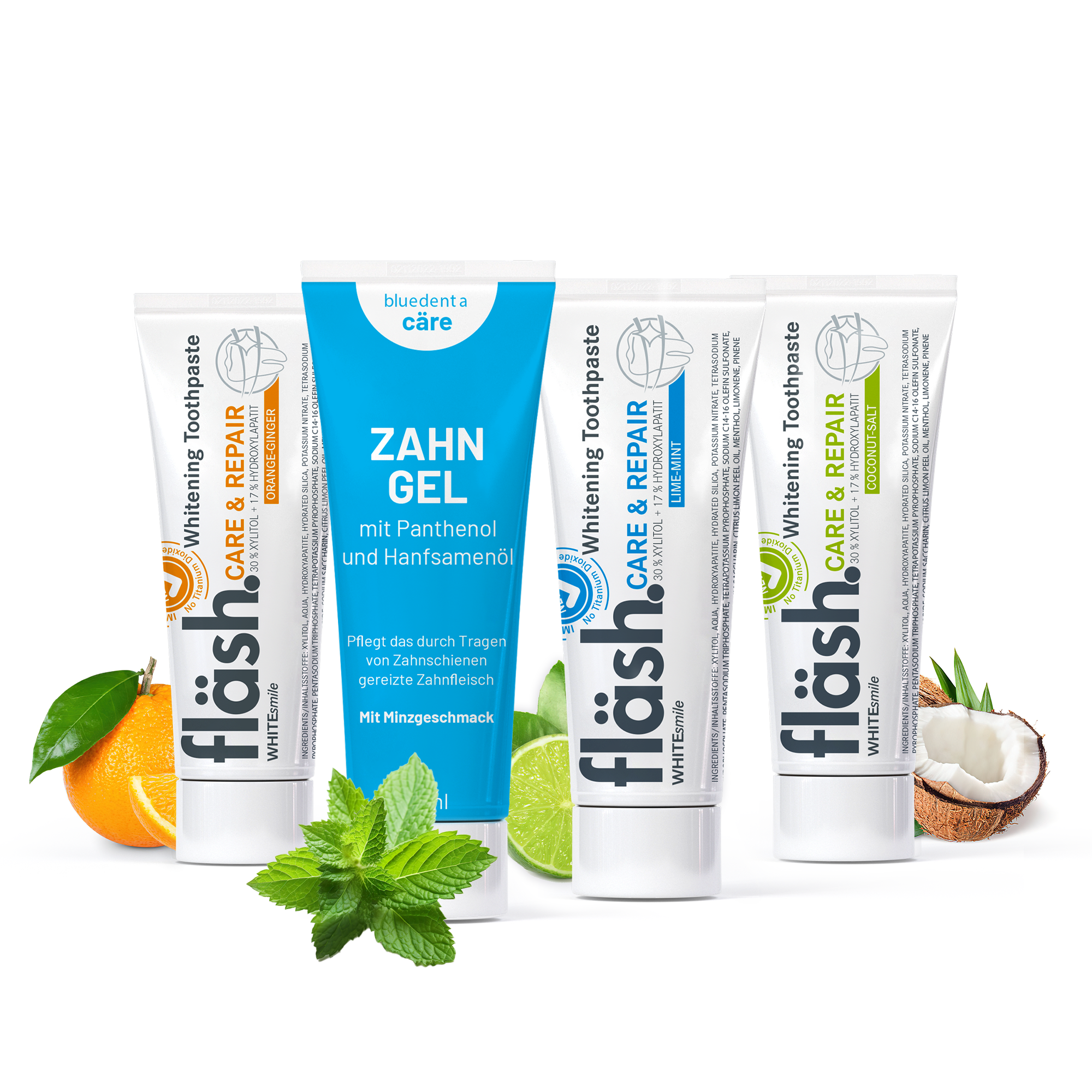 Vier Tuben Zahnpasta stehen auf weissem Hintergrund. Es handelt sich um drei Tuben fläsh Zahnpasta der Sorten Limette-Minze, Orange-Ingwer und Kokos-Salz sowie einer Tube bluedenta cäre Zahngel.