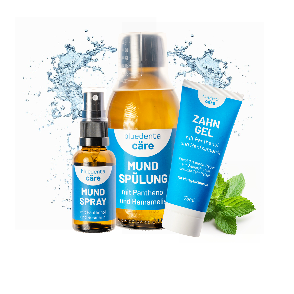bluedenta cäre’n fresh Bundle mit Mundspülung, Mundspray und Zahngel, vor Wasserspritzern und neben Minzblättern.