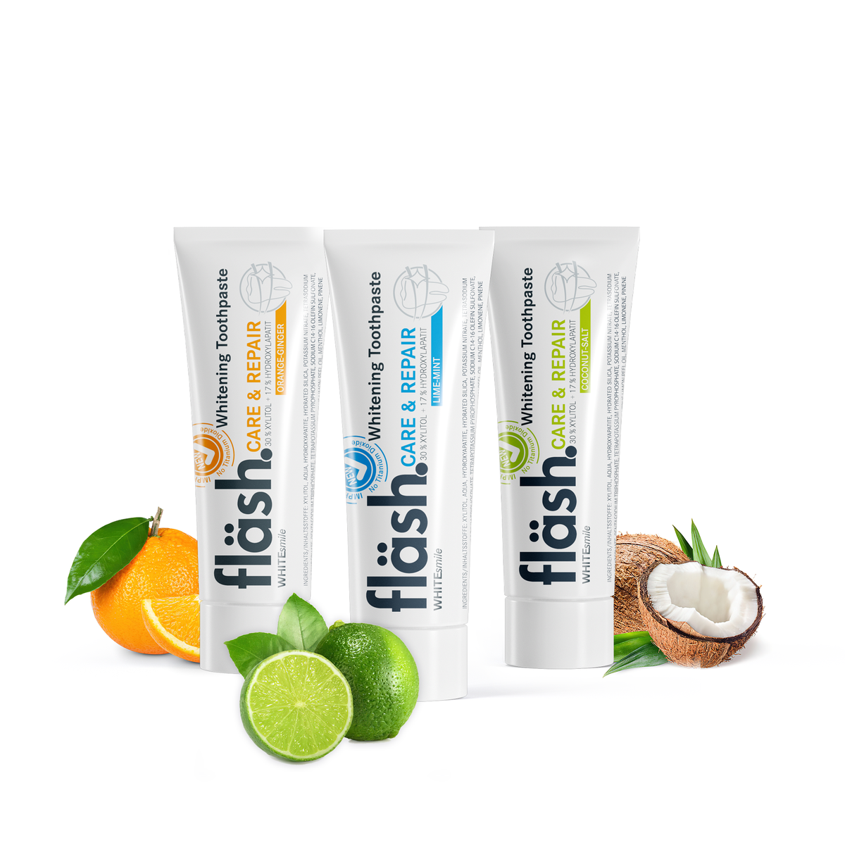 fläsh Täste Bundle mit je einer Tube Zahnpasta in Orange-Ingwer, Limette-Minze und Kokos-Salz; Früchte veranschaulichen die drei Sorten.