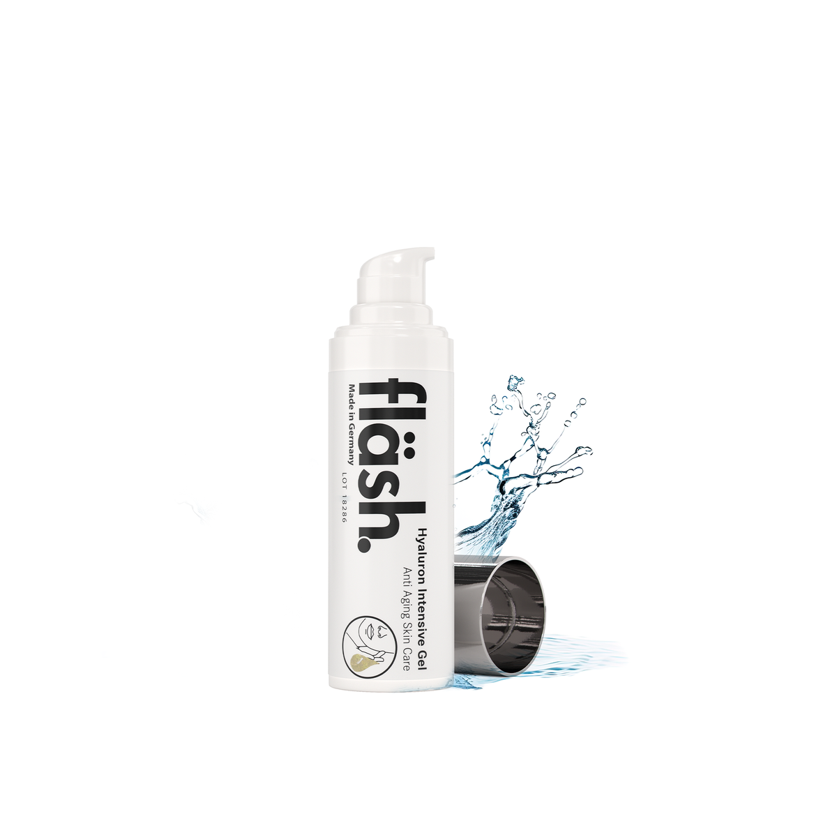 Weisser Pumpspender fläsh Hyaluron-Gel mit abgenommener silberner Kappe vor einem Wasserspritzer.