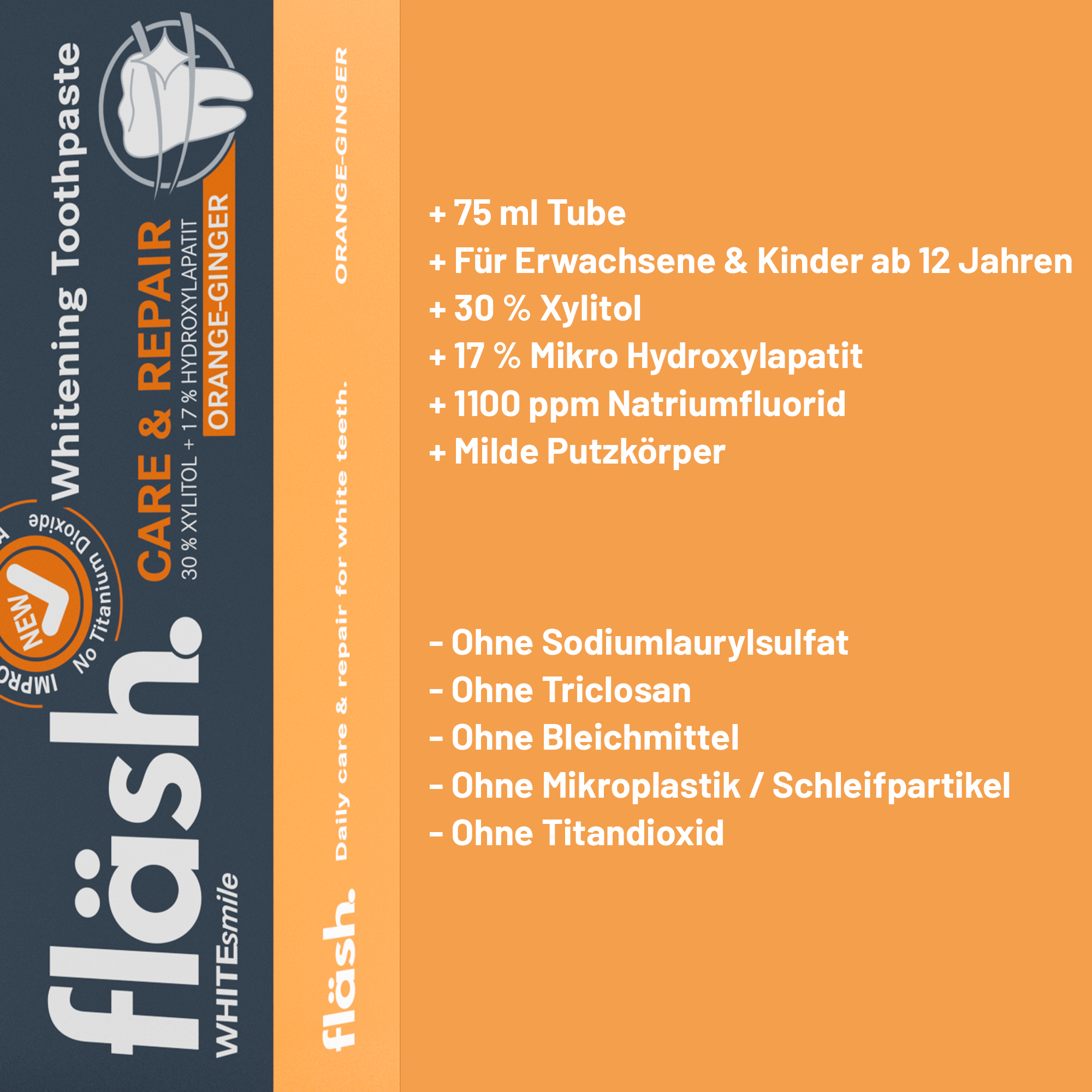 Texttafel: auf orangenem Hintergrund sind in weißem Text die wichtigsten Produktinfos zur fläsh Zahnpasta aufgelistet. Links daneben die Illustration der fläsh Zahnpastaverpackung.