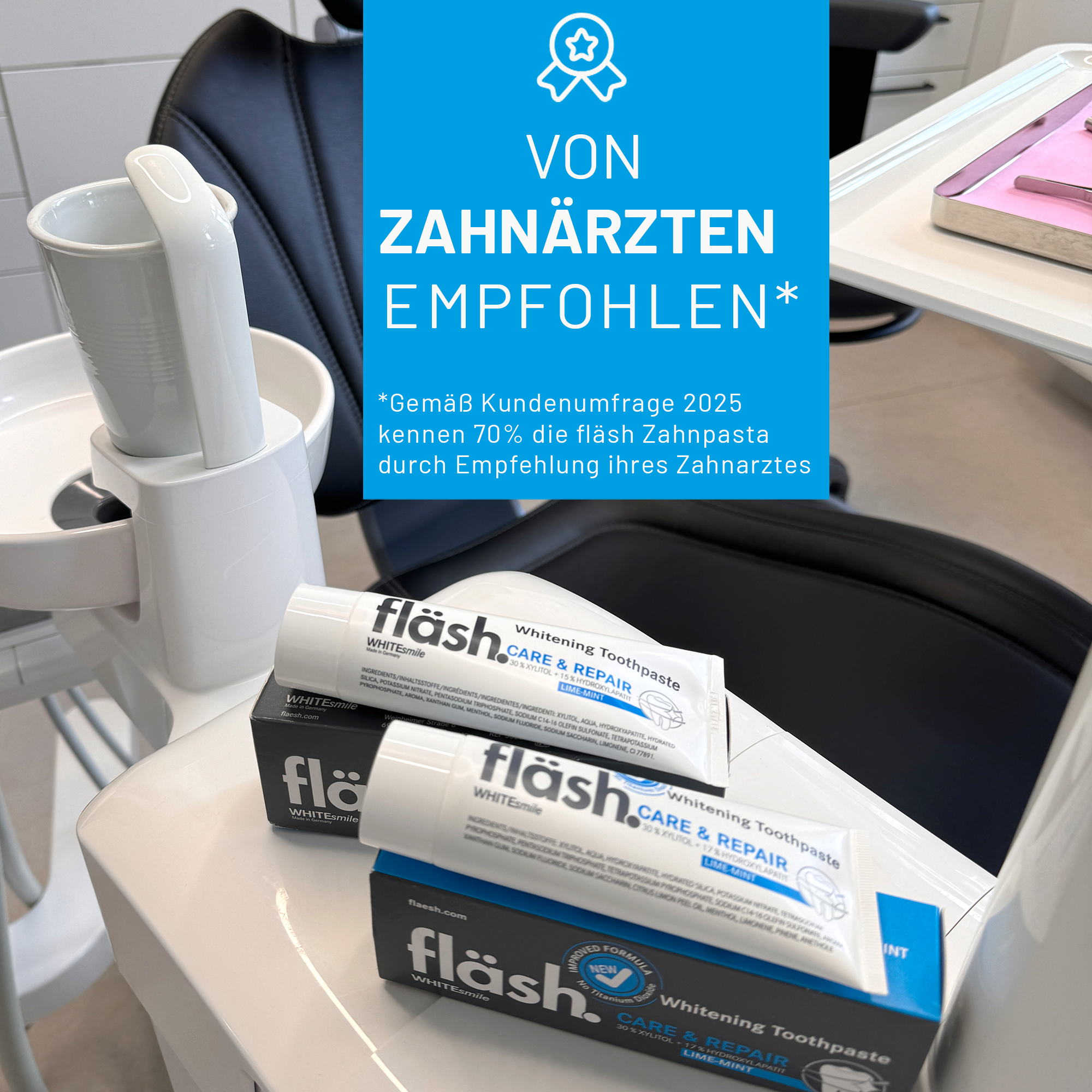 Das Behandlungszimmer einer Zahnarztpraxis. 2 Tuben fläsh Zahnpasta der Sorte Limette-Minze liegen auf dem Tray an einem Behandlungsstuhl. Eine blaue Texttafel besagt: "Von Zahnärzten empfohlen"