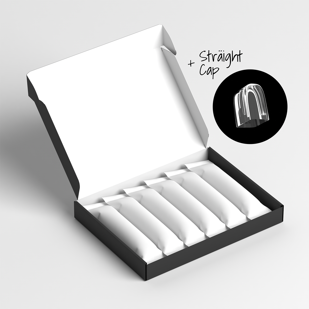 Ein aufgeklappter, schwarzer Karton, mit 6 in weißen Papiertüten verpackten sträight Aufsteckbürsten. Daneben ein Piktogramm der mit enthaltenen Schutzkappe "sträight cap".