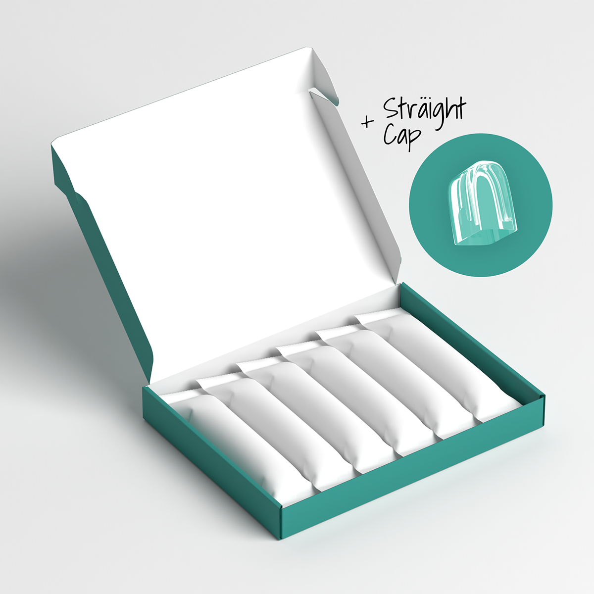 Ein aufgeklappter, grüner Karton, mit 6 in weißen Papiertüten verpackten sträight Aufsteckbürsten. Daneben ein Piktogramm der mit enthaltenen Schutzkappe "sträight cap".