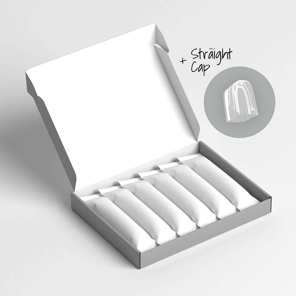 Ein aufgeklappter, grauer Karton, mit 6 in weißen Papiertüten verpackten sträight Aufsteckbürsten. Daneben ein Piktogramm der mit enthaltenen Schutzkappe "sträight cap".