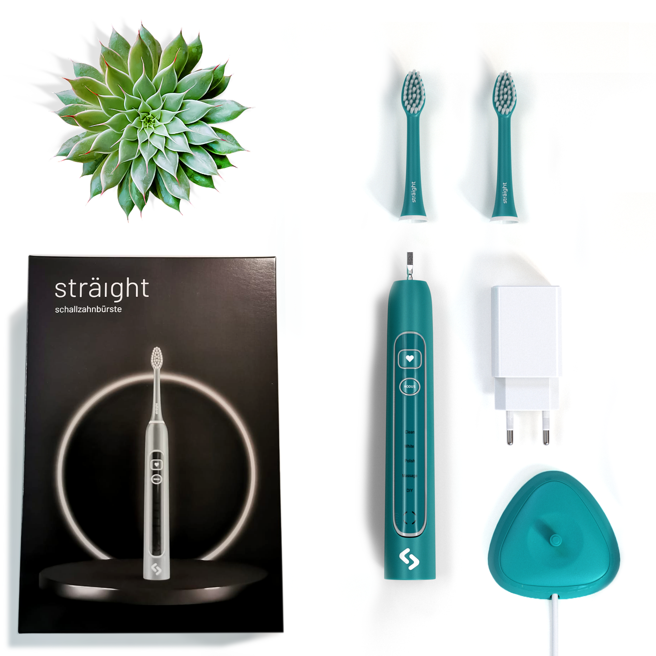 Auf weissem Hintergrund liegen alle im Lieferumfang enthaltenen Elemente der sträight Schallzahnbürste, Modell "Grün Light": der schwarze Produktkarton, 2 Bürstenköpfe, der Zahnbürstengriff, die Ladestation mit Stecker.