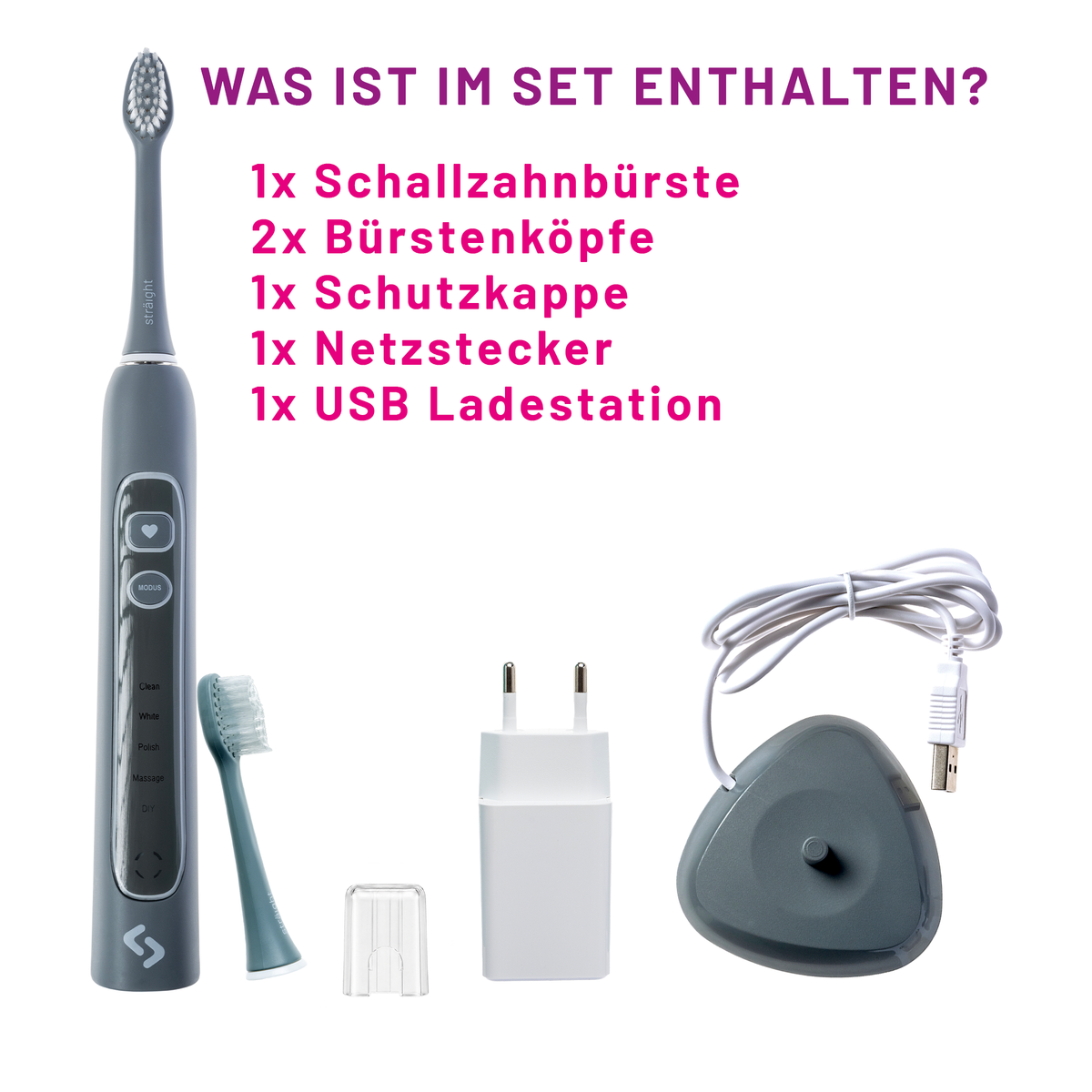Graues sträight Single-Set mit Handstück, insgesamt zwei Bürstenköpfen, Schutzkappe, USB-Ladestation und Netzstecker.