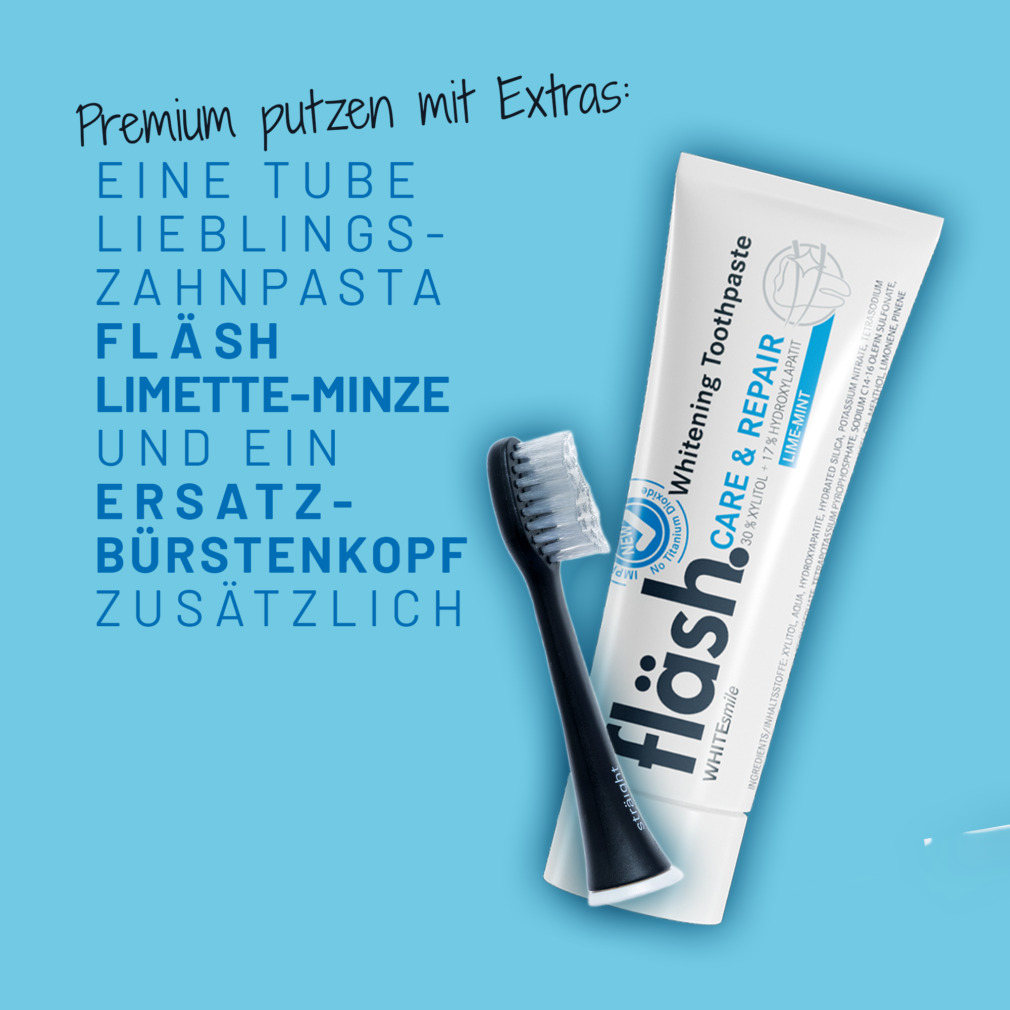 Auf hellblauem Hintergrund ist prominent ein schwarzer Bürstenkopf der sträight Schallzahnbürste und eine Tube fläsh Zahnpasta platziert. Links daneben ist in Großbuchstaben zu lesen, dass diese beiden Produkte im Lieferumfang der Premium-Version inkludiert sind.