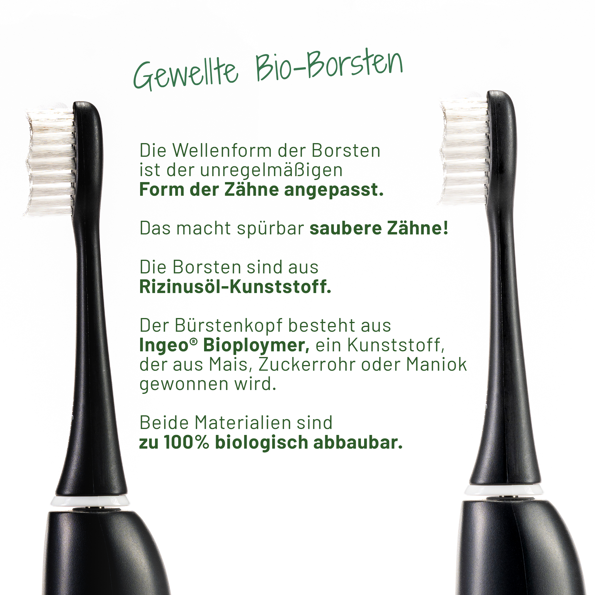 Auf weissem Hintergrund sind 2 sträight Bürstenköpfe in Schwarz zu sehen. In der Mitte ist ein Text, der beschreibt, aus welchen Bio Kunststoff Komponenten die sträight Aufsteckbürste besteht.