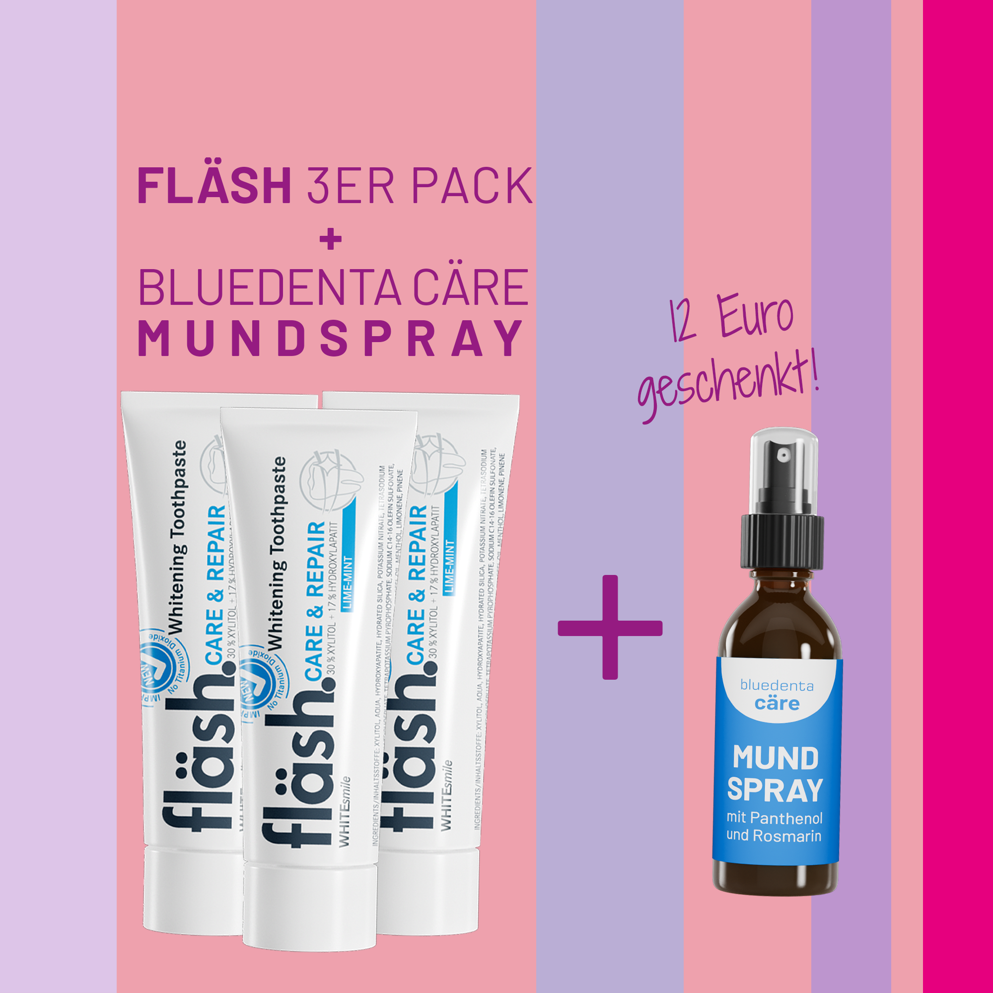 3 Tuben fläsh Zahnpasta der Sorte Limette schweben zusammen mit einem  Spender bluedenta cäre Mundspray vor einem rosa Hintergrund mit lila und pinken Streifen