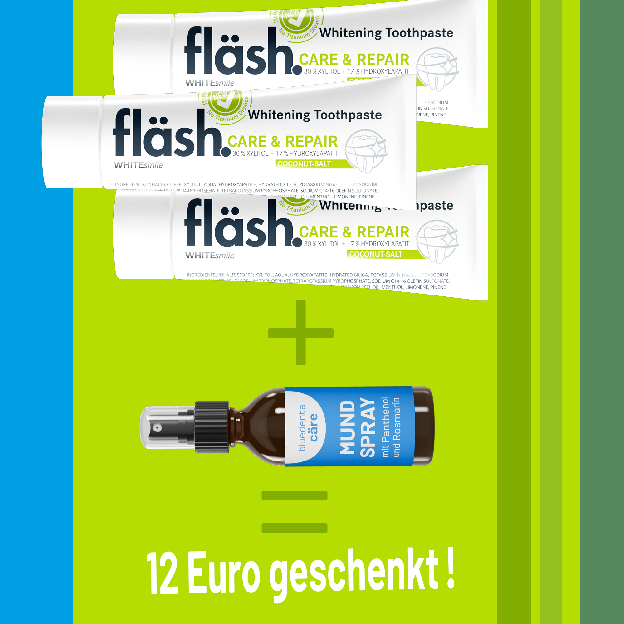 3 Tuben fläsh Zahnpasta der Sorte Kokos schweben zusammen mit einem  Spender bluedenta cäre Mundspray vor einem hellgrünen Hintergrund mit dunkelgrünen Streifen. 