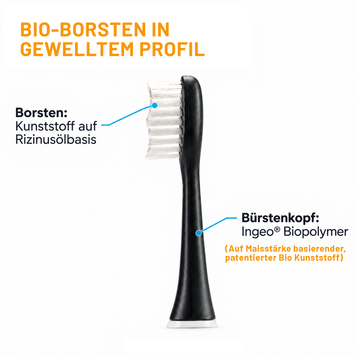 1 schwarzer sträight Bürstenkopf in der Seitenansicht, so dass die Wellenform der Borsten erkennbar ist. Borsten und Korpus  bestehen aus Bio Kunststoff auf Maisstärke- und Rizinusölbasis.
