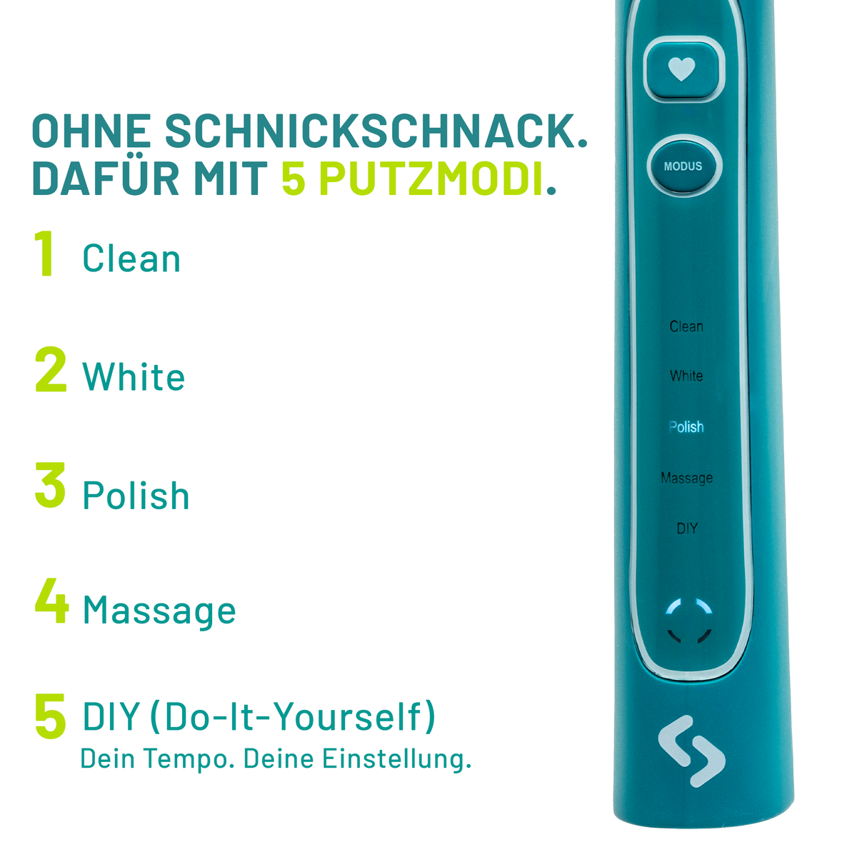 Bedienfeld der grünen sträight Schallzahnbürste mit fünf Putzmodi: Clean, White, Polish, Massage und DIY für ein individuell einstellbares Tempo.