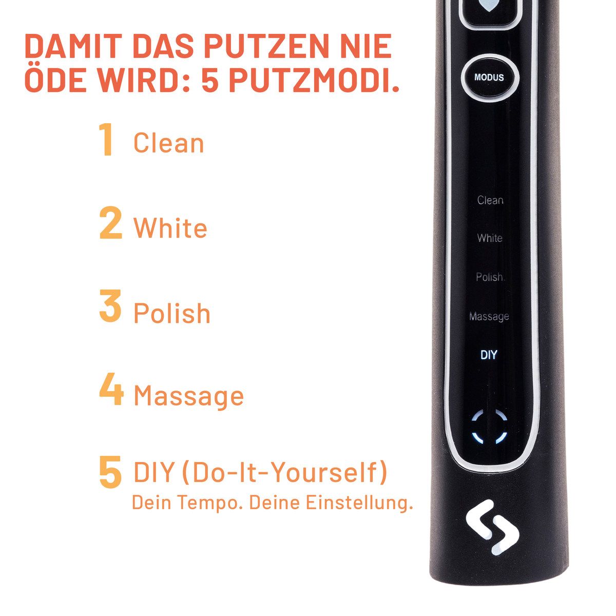 Bedienfeld der schwarzen sträight Schallzahnbürste mit fünf Putzmodi: Clean, White, Polish, Massage und DIY für ein individuell einstellbares Tempo.