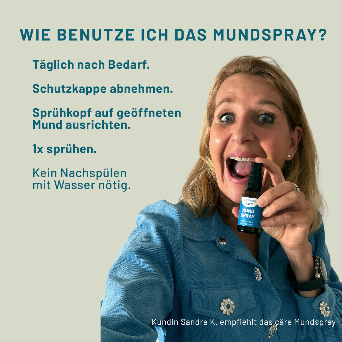 Frau zeigt die Anwendung des bluedenta cäre Mundsprays: Schutzkappe abnehmen, Sprühkopf auf den geöffneten Mund richten und einmal sprühen. Nach Bedarf anwenden; kein Nachspülen nötig.