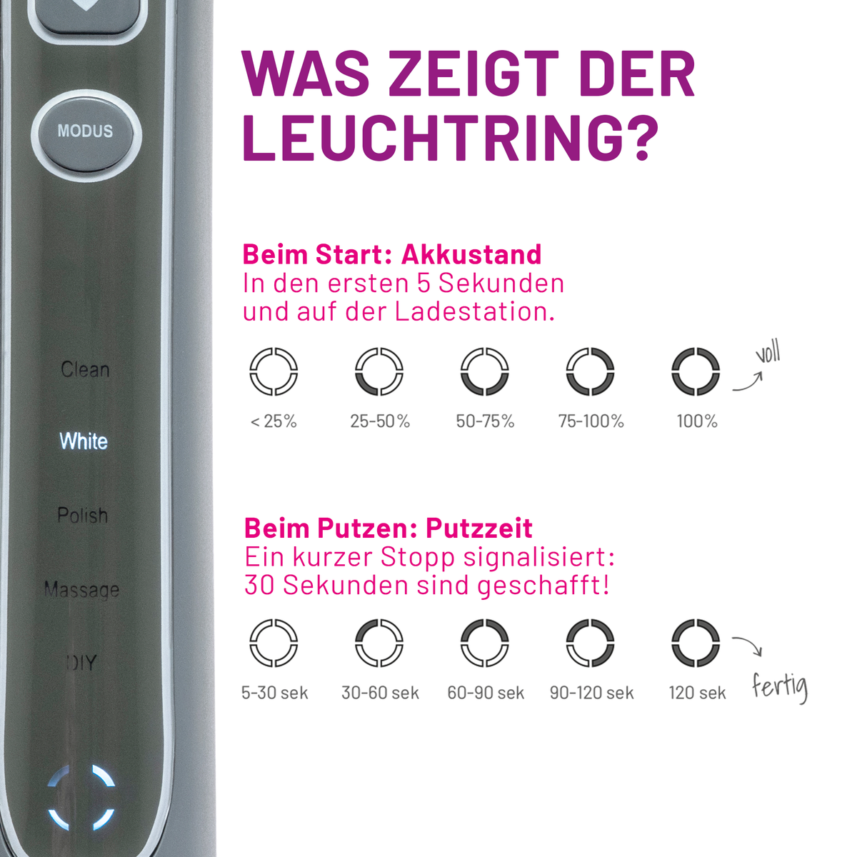 Leuchtring der grauen sträight Schallzahnbürste: Akkustand beim Start und Laden, danach zwei Minuten Putzzeit mit kurzem Stopp alle 30 Sekunden.