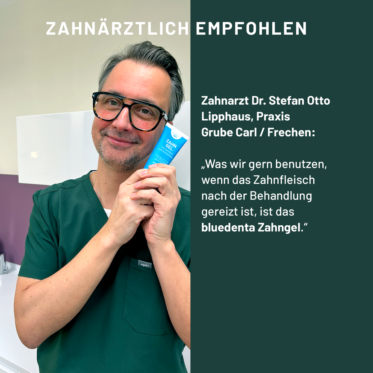 Zahnarzt Dr. Stefan Otto Lipphaus aus Frechen hält bluedenta cäre Zahngel. Er empfiehlt es für Zahnfleisch, das nach einer Behandlung gereizt ist.