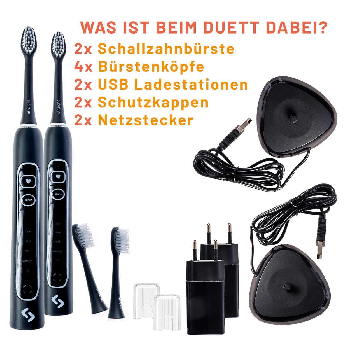 Schwarzes sträight Duett-Set: zwei Handstücke, insgesamt vier Bürstenköpfe, zwei Schutzkappen, zwei USB-Ladestationen und zwei Netzstecker.