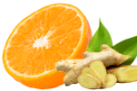 Eine halbierte Orange neben einer Ingwerwurzel und einzelnen Ingwerstücken als Verbildlichung der fläsh Geschmackssorte. 