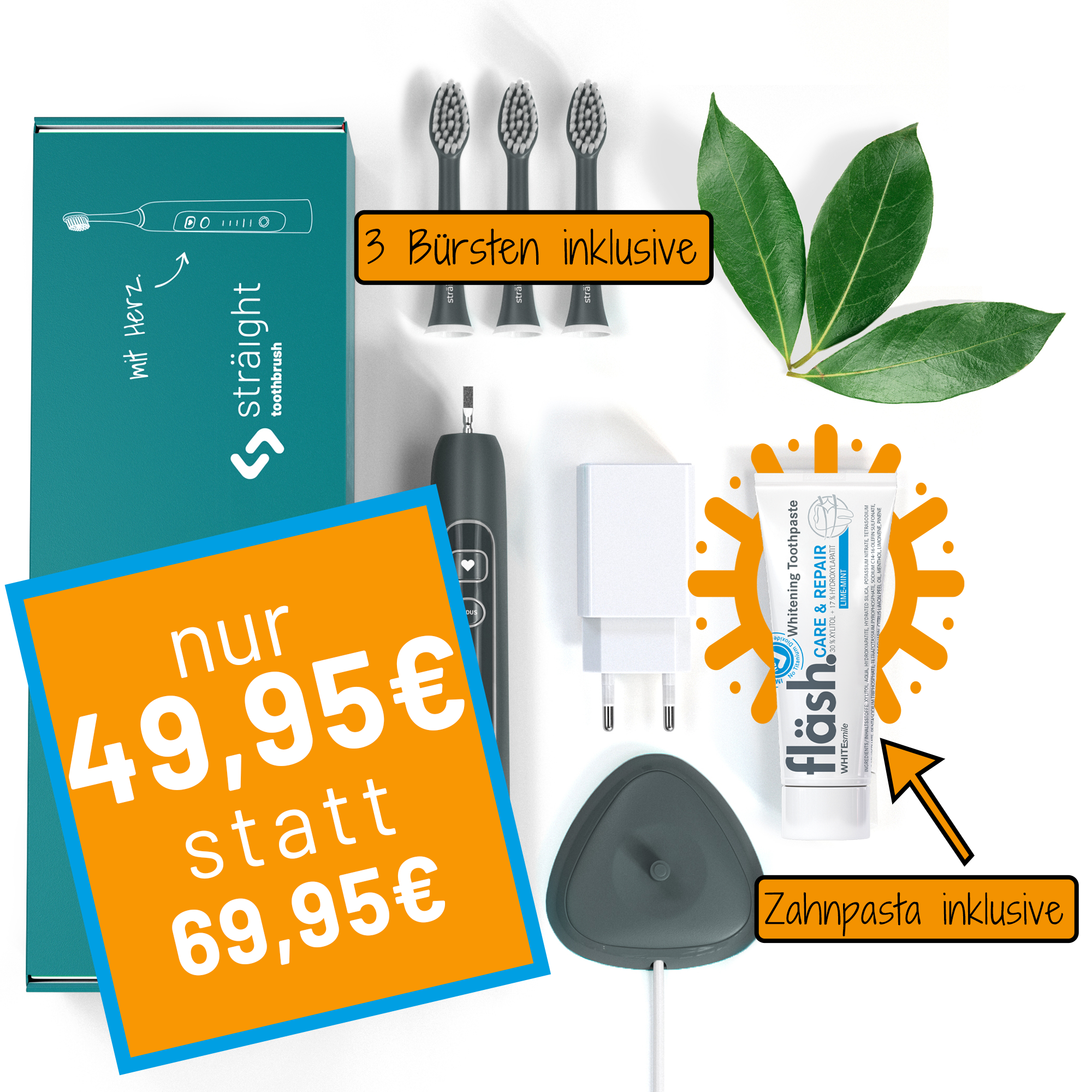 Symbolbild für die SSV Aktion von bluedenta: Kaufe die sträight Schallzahnbürste Premium zum Light Preis von 49,95€. auf weissem Hintergrund sind die einzelnen Artikel aufgereiht, die zum Lieferumfang der sträight Schallzahnbürste Premium gehören.  Das Preisangebot auf oranger Tafel ist prominent darüber platziert.