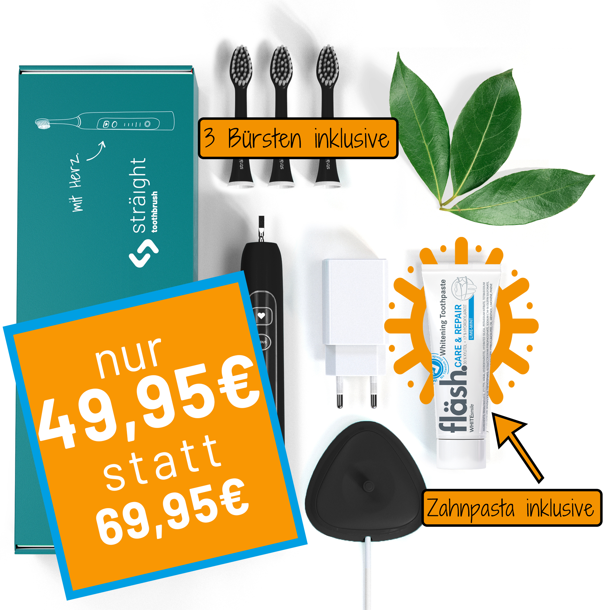 Symbolbild für die SSV Aktion von bluedenta: Kaufe die sträight Schallzahnbürste Premium zum Light Preis von 49,95€. auf weissem Hintergrund sind die einzelnen Artikel aufgereiht, die zum Lieferumfang der sträight Schallzahnbürste Premium gehören.  Das Preisangebot auf oranger Tafel ist prominent darüber platziert.