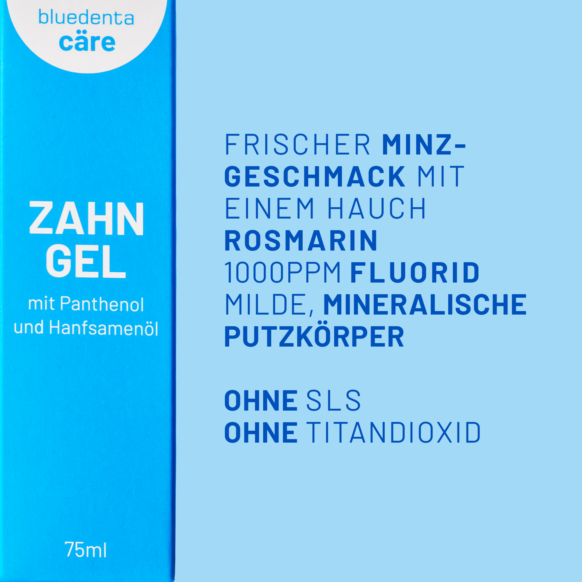 Texttafel: auf hellblauem Hintergrund sind in dunkelblauem Text die wichtigsten Produktinfos zum bluedenta cäre Zahngel aufgelistet. Links daneben die Illustration der cäre Zahngelverpackung.