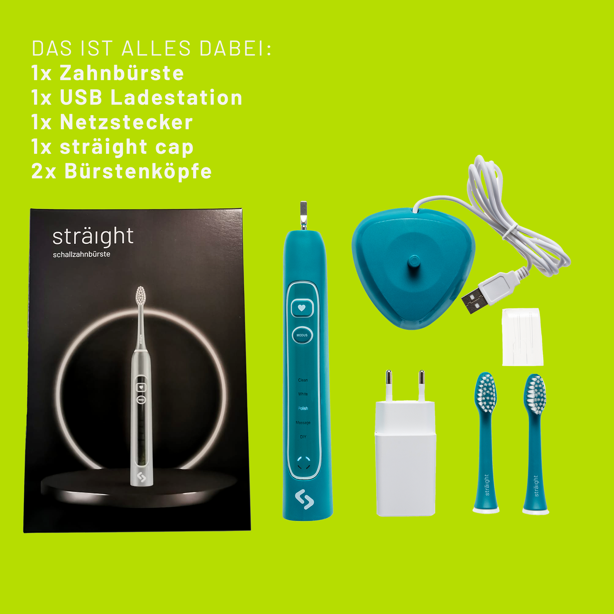 Auf hellgrünem Hintergrund ist der Lieferumfang der sträight Schallzahnbürste Light in der grünen Variante ausgebreitet: Zahnbürstengriff, USB Ladestation, Netzstecker, zwei Bürstenköpfe und eine Schutzkappe für die Bürstenköpfe. 