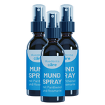 Drei Sprühflaschen bluedenta cäre Mundspray auf transparentem Hintergrund.  