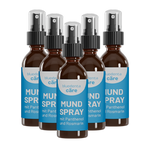 Fünf Sprühflaschen bluedenta cäre Mundspray auf transparentem Hintergrund.  