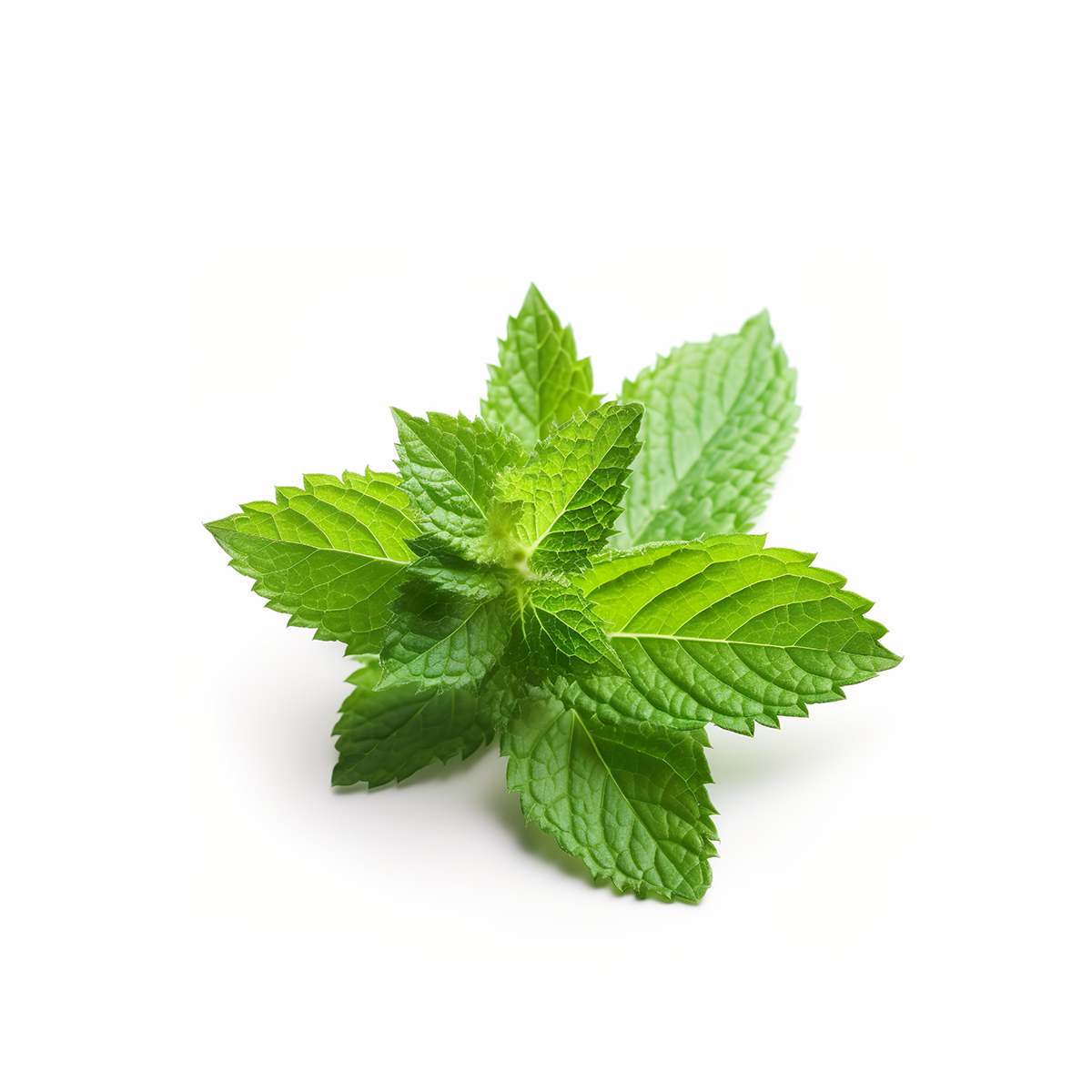 Grüne Blätter von Krauseminze auf weissem Hintergrund.