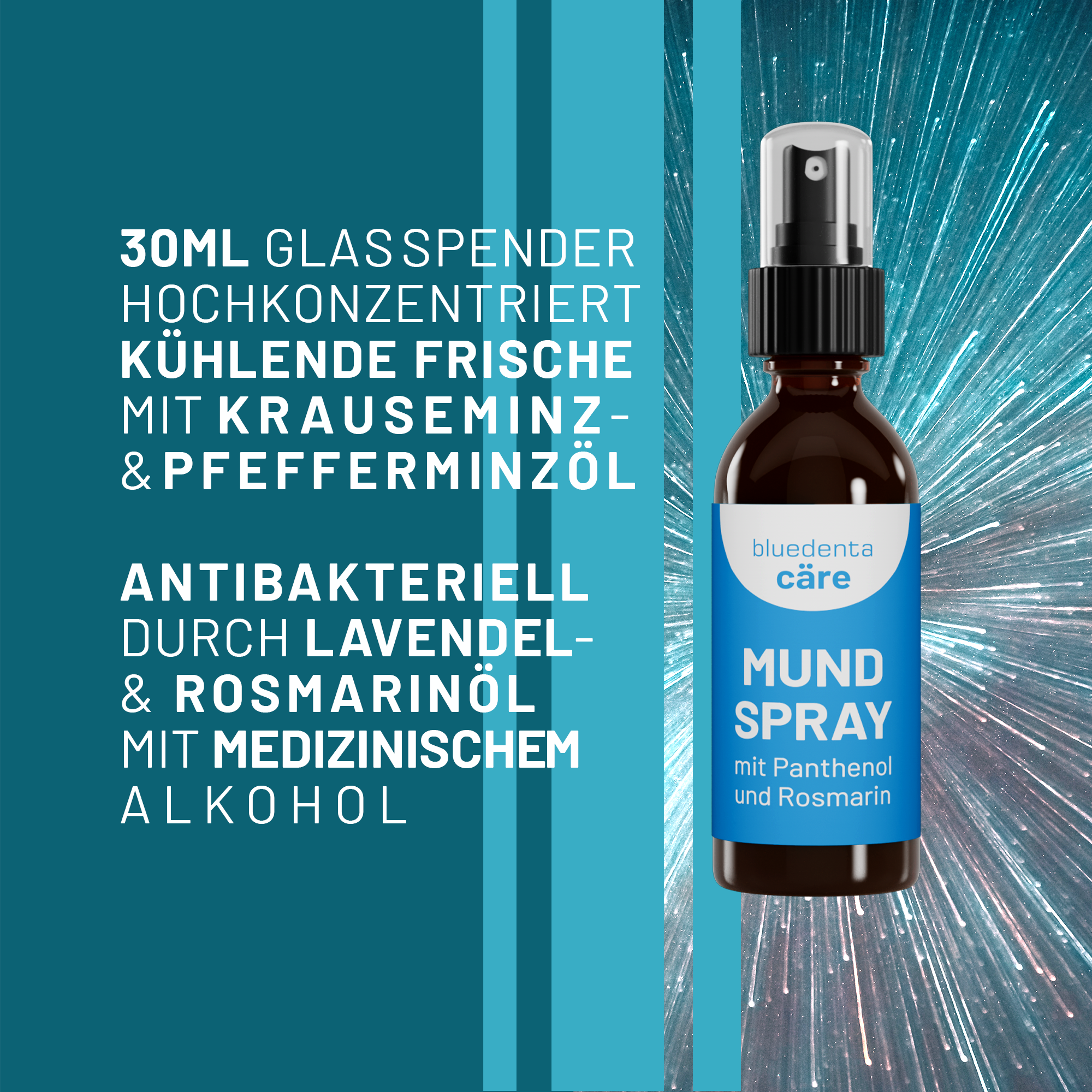 Infotafel mit Schrift: auf petrolblauem Hintergrund ist ein Glasspender des bluedenta cäre Mundsprays mit himmelblauem Etikett platziert. Daneben sind in Großbuchstaben die wichtigsten Produktinfos aufgelistet.