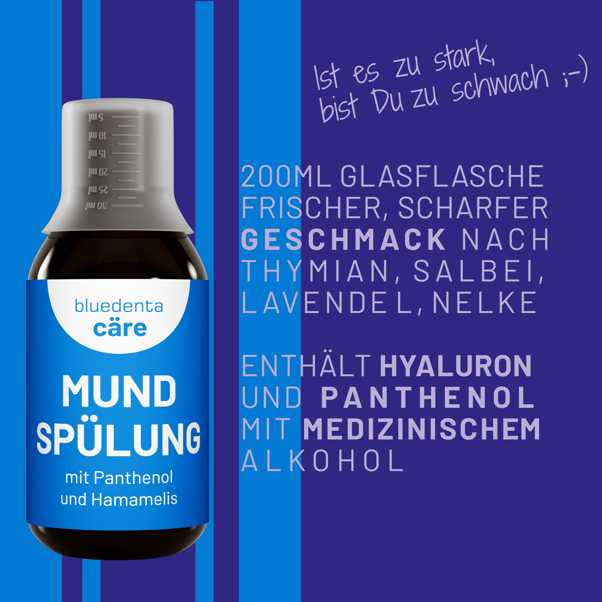 Infotafel mit Schrift: auf dunkellila Hintergrund ist eine Glasflasche der bluedenta cäre Mundspülung mit himmelblauem Etikett platziert. Daneben sind in Großbuchstaben die wichtigsten Produktinfos aufgelistet.