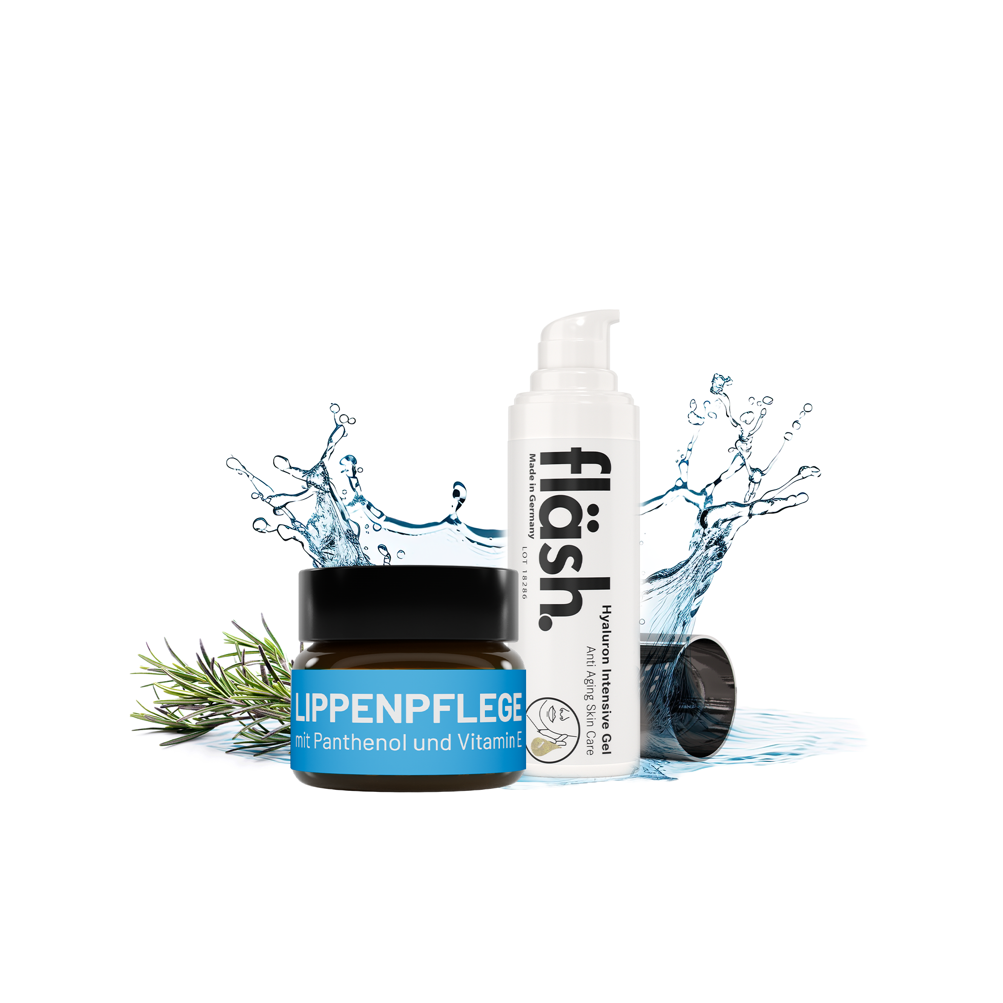 Ein dunkler Glastiegel bluedenta cäre Lippenpflege steht neben einem weissen Spender fläsh Hyaluron Gel auf weissem Hintergrund. Im Hintergrund symbolisiert spritzendes Wasser Frische, ein Rosmarinzweig die in der Lippenpflege beinhalteten Heilkräuter.