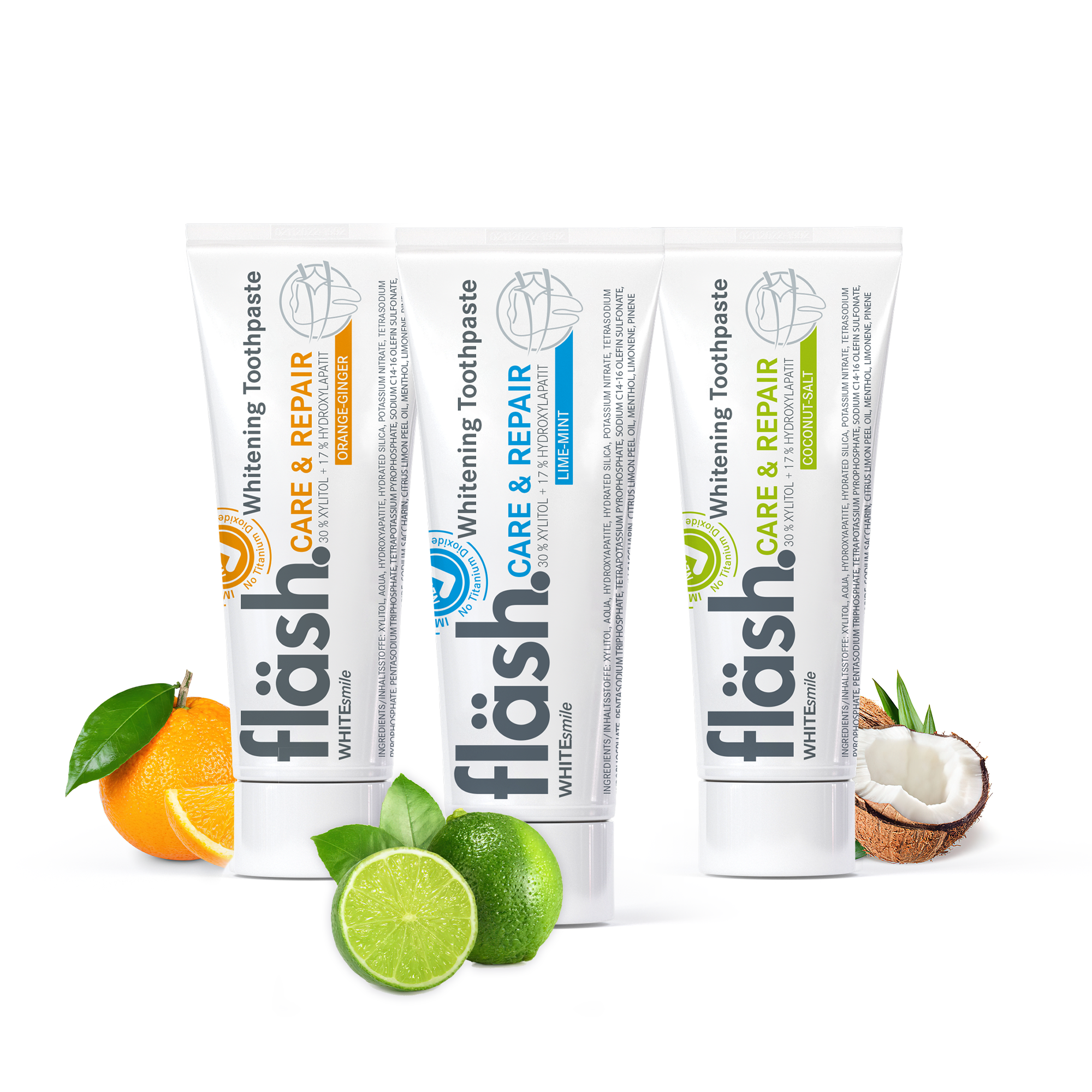 Drei Tuben fläsh Zahnpasta auf weissem Hintergrund. Auf den Tuben steht neben dem schwarzen Fläsh Logo die Beschreibung:  "fläsh care and Repair Whitening Toothpaste". Es sind 3 GEschmackssorten: Limette-Minze, Orange-Ingwer und Kokos-Salz.